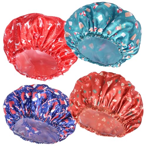 4 PCS Shower Cap for Women, Elastic and Reusable Bath Caps, Double Layers Shower Caps Reusable Waterproof, Bathing Shower Caps, Environmental Bath Hair Protection Cap - Pattern DA
