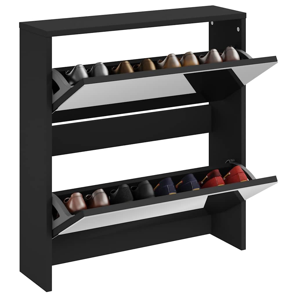 Zapatero con espejo negro de madera 63 x 17 x 67 cm, 2 compartimentos basculantes para pasillo y pasillo, ahorra espacio, estrecho, con espacio de almacenamiento para 6-8 pares de zapatos