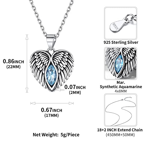 Chicsilver Angel Wing Heart Necklace 925 Sterling Silver Wings Pendant Created Aquamarine March Birthstone Necklace For Women Girls Teens #TOP3