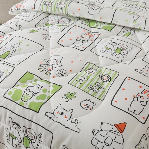 Image of Caressma Twin Size Comforter Set 5 Pieces Bed-in-a-Bag,Soft Comforter Print Green Animals & Trees.Includes Comforter,Fitted Sheet,Flat Sheet,Pillow Case & Pillow Shame for Baby and Kids