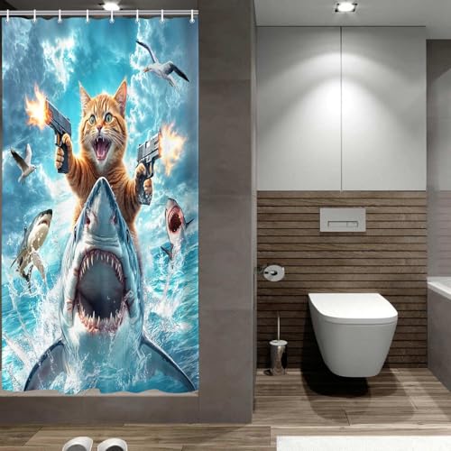 Image of Funny Cat Shower Curtain for Kids, Cute Kitten Riding Shark Ocean Theme Hilarious Cool Fun Grey Blue Wave Animal Nautical Whale Boys Bathroom Sets Decor Fabric Polyester Waterproof 12 Pack Hooks