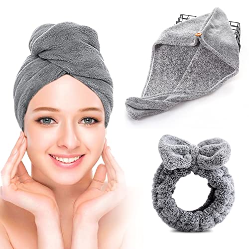 Microfiber Hair Towel, Haarturban Schnelltrocknend, Microfaser Handtuch Haare, Turban Handtuch mit Knopf, mit 1 Makeup-Stirnbänder, Haar Trocknendes Tuch für Alle Haartypen (Grau) Cover