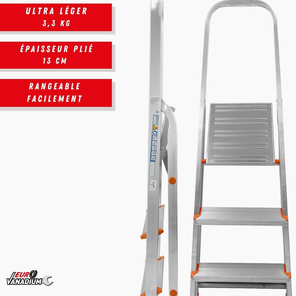 Escabeau 3 Marches, Pliable en Aluminium - Marche Pied Pliable, Léger 3,3 kg et Robuste, Charge 150 kg - Plateforme de Travail Antidérapante et Large, 3ème Hauteur à 58 cm