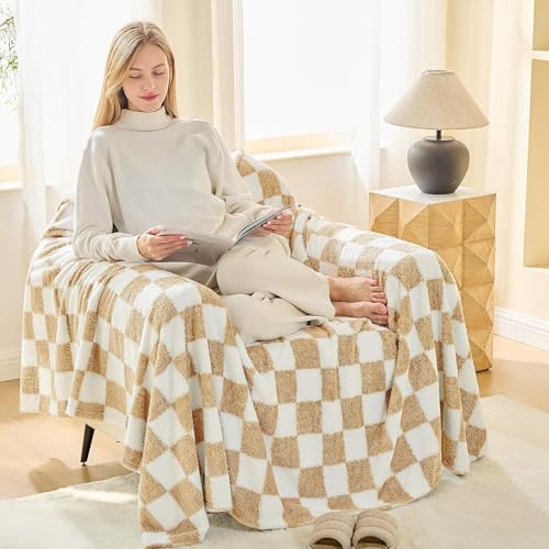 EMME Kuscheldecke Flauschige Decke - Karierte Decken 150 x 200 cm, Woven Sofadecke Weiche Warme Wolldecke&Fleecedecke, Tagesdecke, Überwurfdecke, Kuscheldecken für Couch, Beige