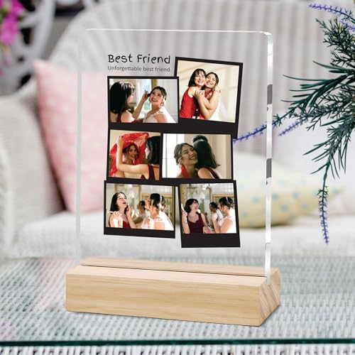 Image of Giftplease Customized Friends Plaque with Wooden Stand | Personalized Photo Frame with Quote | Best Friend Birthday Gift, Farewell Gift, Friendship Day Gift for BFF Keepsake Room Decor FR 12
