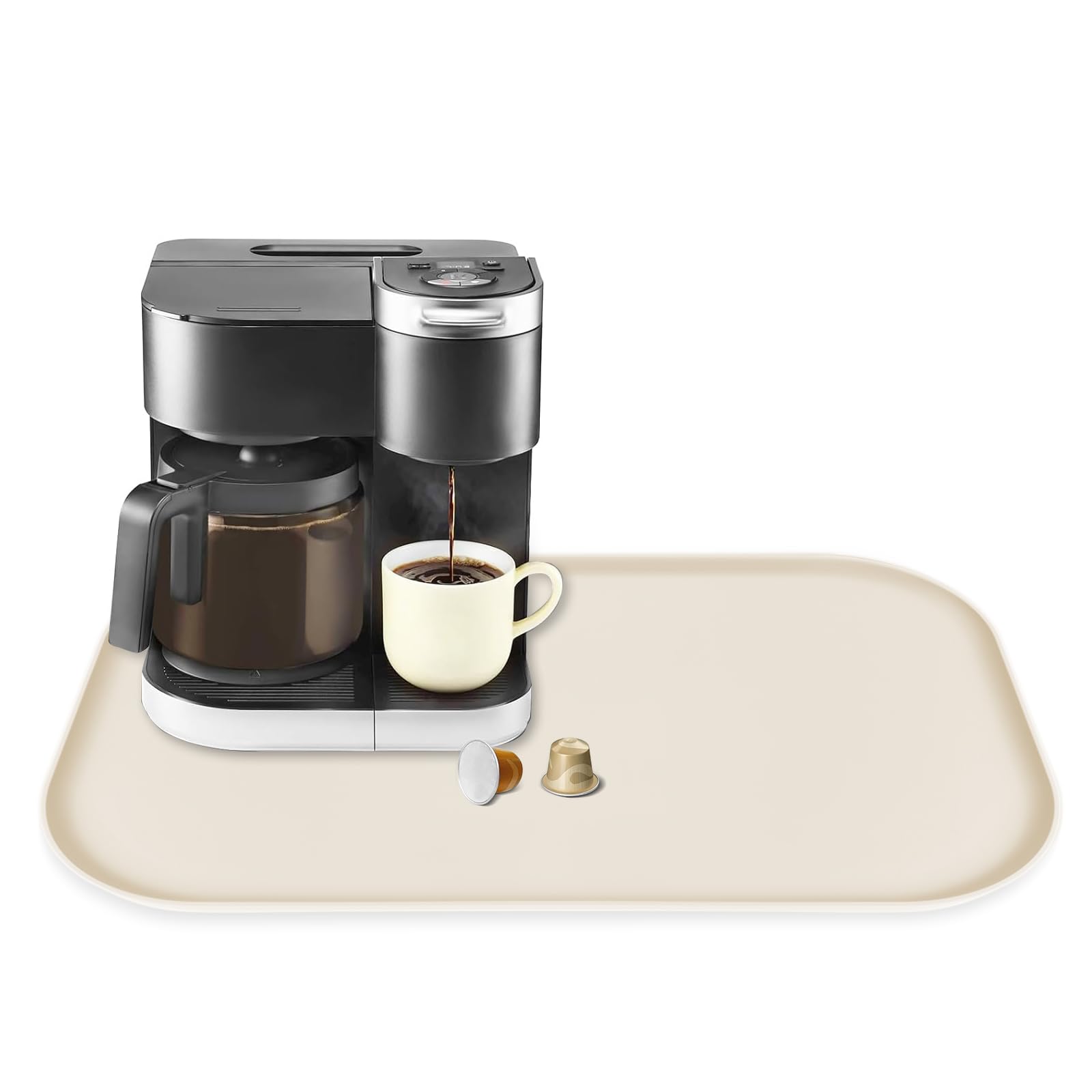 Silicone Coffee Maker Mat with Lip for Countertops, 24'' x 16'' Cream White