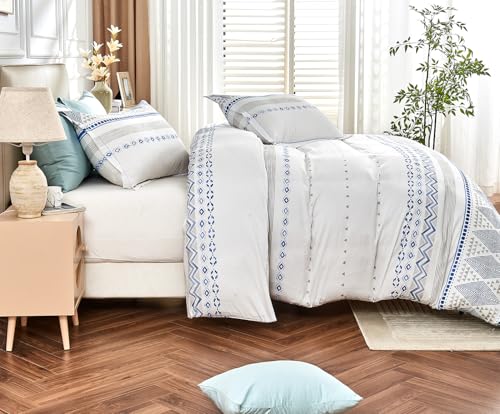 Image of SLEEPBELLA Boho King Size Duvet Cover Set - Cotton Reversible Blue /White with Button Closure & Soft, Breathable Fabric
