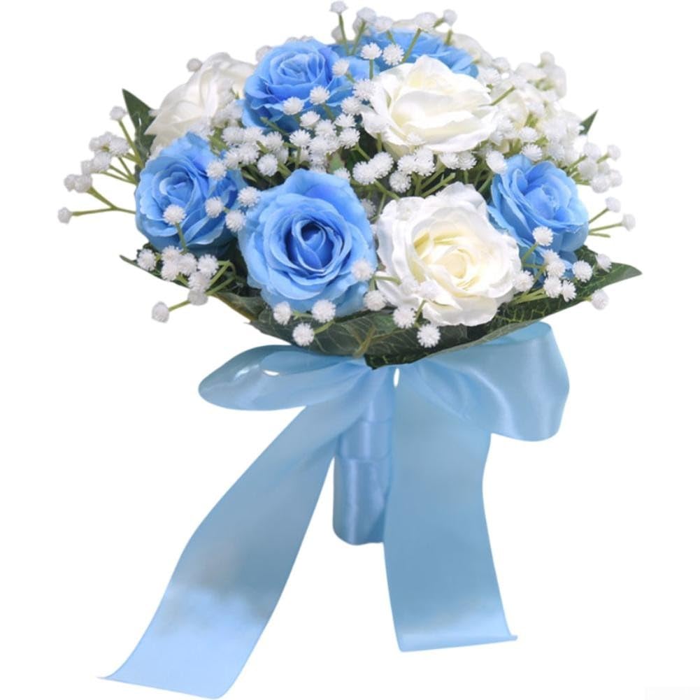 Bouquet de roses artificielles bleu en soie décoration de mariage fait main 20x22cm