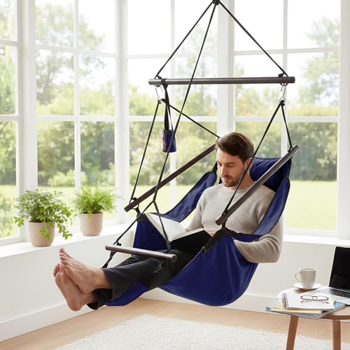 Image of ONCLOUD Sky Chair, Deluxe Hanging Hammock Air Chair Swing Seat with Pillow, Drink Holder, Solid Wood Weather Resistant for Indoor /Outdoor Yard Garden Tree Patio Porch, 250 LBS (Navy Blue)