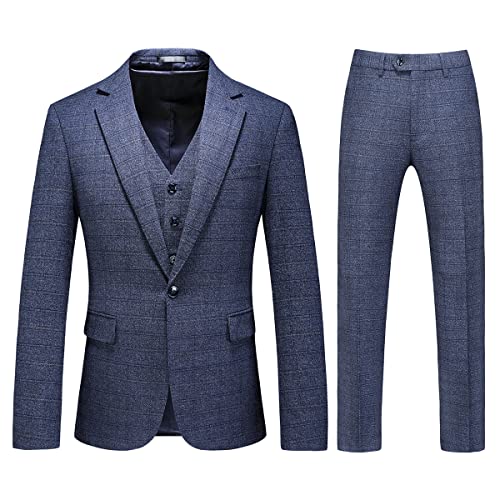 Mens 3 Piece Suits Slim Fit Tweed Suit Plaid Slim Fit Suits For Men One Button Suit Tuxedo Set Dark Blue #TOP13