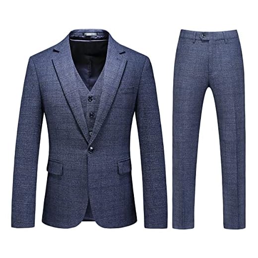 Terno masculino 3 peças slim fit Tweed terno xadrez slim fit terno para homens conjunto de smoking de um botão, Azul escuro, XXG