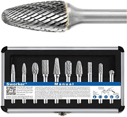 Sworker Carbide Burr Set 1/4" Shank 10PCS Die Grinder Bits Rotary Rasp File for Metal Wood Weld Concrete Stone Grinding Porting Deburring Engraving Polishing Double Cut