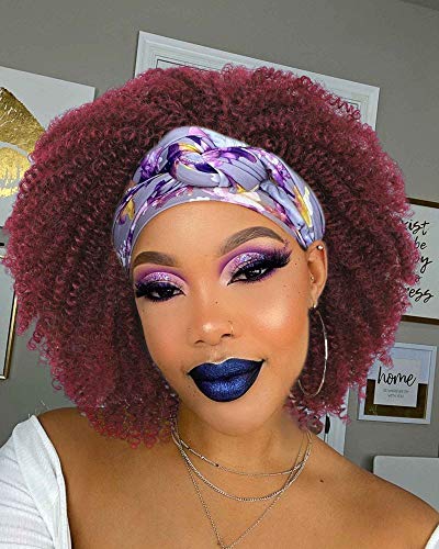 Curly Afro Headband Wigs for Black Women 99j Wine Red Curly Half Wig with Black Headband Attached Shoulder Length Wig for Women and Girls Daily Wear Synthetic Heat Resistant Fiber Hair