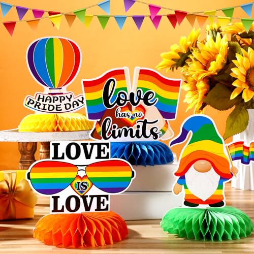 Image of 12 Pcs Pride Table Decorations Happy Pride Month Honeycomb Centerpieces for Tables, 3D Double Sided Rainbow Party Centerpiece, Love Is Love Table Decorations for Rainbow Theme Party Supplies