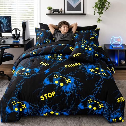 Image of ZRNBAST Gamer Bedding Set Queen Size, Blue Lightning Video Game Comforter Set with Sheets, 6 Pieces Bed in a Bag for Boys, Gamepad Gaming Bedrooom Bed Set(Blue,Queen)