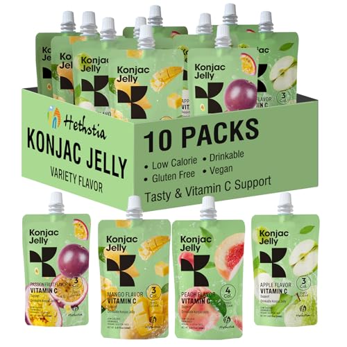 Hethstia Konjac Jelly, 10 Pack – Peach, Mango, Passion Fruit, Green Apple – Vegan, Sugar-Free, Low Calorie, Keto, Gluten-Free, Vitamin C Snack – Refreshing, Drinkable, On-the-Go Healthy Treat