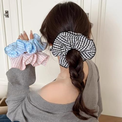 Jseng 3PCS Large Gingham Scrunchies for Hair, Sweet Hair Ties, Beige and Black — view 4