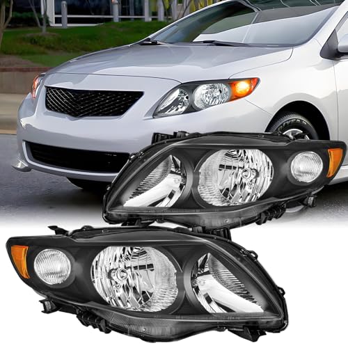 2PCS Headlights Assembly Set For 2009 2010 Toyota Corolla CE/XLE/LE/Base Replacement Bumperlight Headlamps Driver and Passenger Side Black Housing Amber Reflector Clear Lens TO2503183 TO2502182(LH&RH)