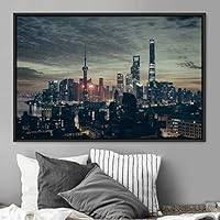 Framed Canvas Wall Art City Illuminations Aerial Cityscape Contemporary Multicolor Photography Places Realism Ultra Urban - 16x24 inches