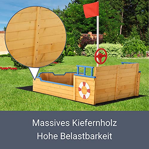 Juskys Sandkasten Käpt'n Pit - Piratenschiff Boot aus Holz - große Kinder Sandkiste für Garten mit Bodenplane, Dach & Sitzbank - Outdoor Sandbox – Bild 7