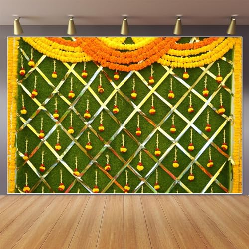 Image of India Diwali Backdrop Puja Hindu Mehndi Festival Background Ganpati Pooja Backdrop India for Bridal Shower Wedding Party Marigold Garlands Photo Props 8X6FT