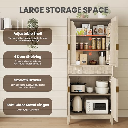 Image of Pantry Cabinet, 71 inch Tall Pantry Cabinet,Modern Kitchen Cabinet with Doors, Drawers & Adjustable Shelves, Freestanding Food Pantry Cupboard with Side Rack for Kitchen Dining Room,Oak