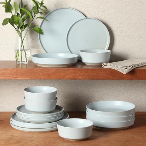 Image of Gibson Elite Overbrook 16-Piece Pottery Clay Stoneware Dinnerware Set - Light Blue Reactive Glaze, Stackable Plates and Bowls w /Pasta Bowl, Service for 4 - Microwave & Dishwasher Safe