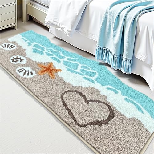 Beach Bathroom Rugs Soft Absorbent Ocean Wave Bath Mat with Non-Slip Backing Coastal Decor for Bathroom Kitchen Entryway, Blue Sea Design with Starfish Shells Pattern Bath Decor (C, 24'x47')
