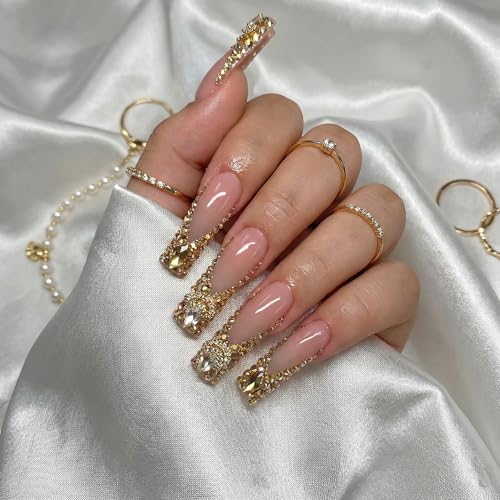 Square Press on Nails Long Fake Nails Gold Artificial Nail SEENEE...