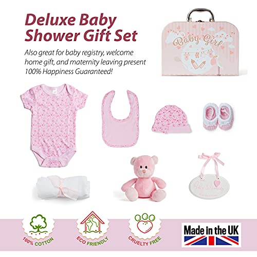 New-Baby-Gift-Set-for-Newborn-Baby-Girl-Pink-Keepsake-Box-with-Baby-Clothes-Muslin-Cloths-Cute-Pink-Teddy-Bear-and-Hanging-Plaque-Baby-Gift-Basket-for-Parents-Unique-Shower-Gift-for-Girls