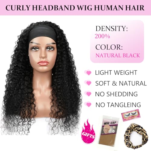 Image of Kinky Curly Headband Wig Human Hair 26 Inch Natural Wigs for Black Women | Glueless None Lace Front Wig, Brazilian Virgin Hair, 200% Density, Machine Made Curly Headband Wig, Wear and Go
