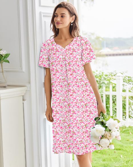 Image of Ekouaer Moo Moos for Women House Dress With Pockets Cotton Nightgowns Short Sleeve Night gowns Embroidered Mumu Dress