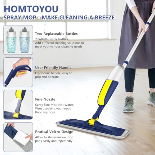 HOMTOYOU Bodenwischer mit Sprühfunktion zur Bodenreinigung - Wischmopp Sprühwischer für Laminat...