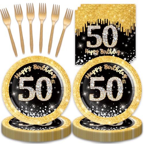 48pcs 50th Party Supplies,include 16 Dessert plate,16 Napkin,16 Fork,50th Birthday Plate Napkin Fork Set,Used for 50th Black and Gold Party Decoration