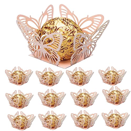 Lot de 50 gobelets en papier de chocolat - Mini moules métalliques - Papillon - Truffe - Petits moules à cupcake - Pour mariage - Accessoires de fête - Rose...