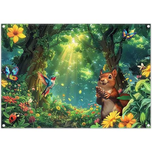 YCUCUEI 7x5ft Fabric Summer Activities Forest Backdrop Squirrel Butterfly Bird Wlidflower Wonderland Photography Background Kids Outdoor Party Decorations Photo Props