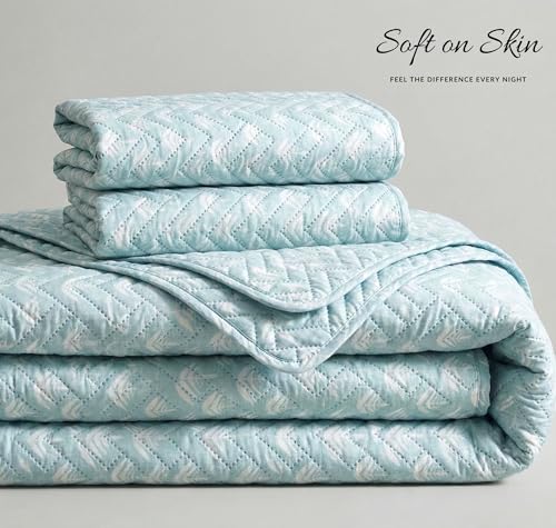 Image of BSB HOME 100% Cotton Ultrasonic Quilted Bedspread Set - 280 Thread Count, Stitch-Free Soft Lightweight Coverlet, King Size 90 x 100 Inches, Breathable Bed Cover with 2 Pillow Cases (Dusty Aqua) | Breathable Material