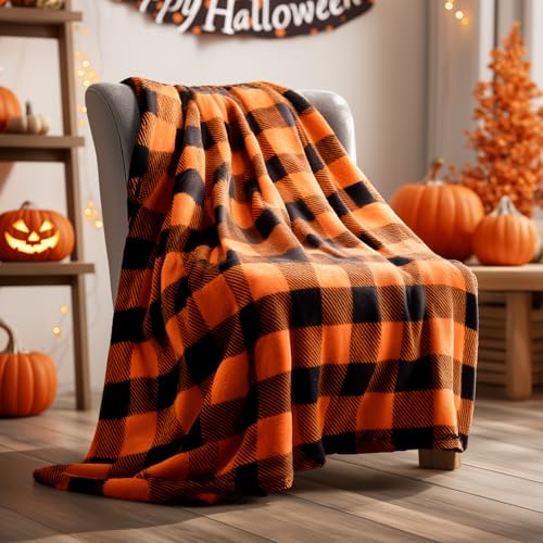 Image of BEDELITE Halloween Blanket for Decor & Gift, Orange and Black Buffalo Plaid Twin Blanket for Couch Bed, Soft & Warm Fleece Blanket for Women Men, 60 inchx80 inch