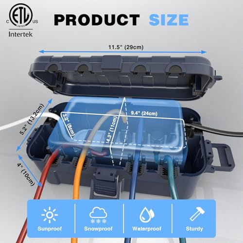 Flemoon Medium Outdoor Electrical Box (11.5x5.2x4 inch), IP54 Waterproof Extension Cord Cover w/6 Cable Entry Ports, Weatherproof Connection Box for Power Strip, Timer, Plug, Holiday Lights, Gray by Flemoon - Image 3