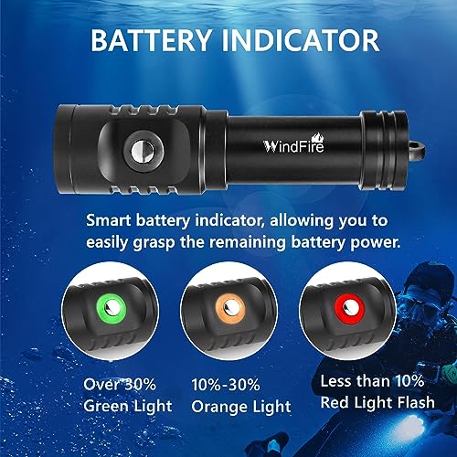 Diving Light WINDFIRE Dive Light Scuba Diving Flashlight, IPX8 Waterproof Flashlight, 4 Modes Underwater Lights With Power Indicator, Snorkeling Light With Rechargeable Battery For Night Diving Scuba Diving Gear