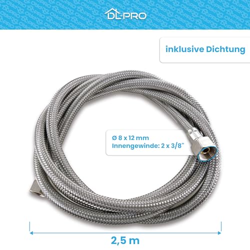 DL-pro 2,5m Panzerschlauch Flexschlauch 3/8x3/8 IG/IG mit Kegeldichtung Gemäß KTW-A W270 Brauseschlauch mit Edelstahlgeflecht für Armatur Wasserhahn