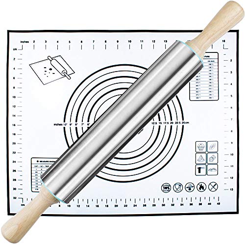 Rolling Pin and Silicone Pastry Mat Set,Stainless Steel Rolling Pin 17 Inch for Baking Dough,Fondant,Dumpling,Pizza,Pie,Pastries,Pasta and Cookies