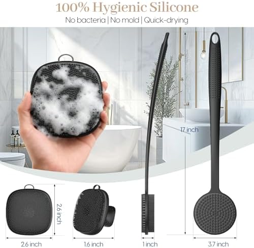 Back Scrubber for Shower & Face Scrubber, 2Pcs Silicone Exfoliating Brush Set with 17In Long Handle, Soft Body & Facial Cleansing Scrubber for Men Women - 5