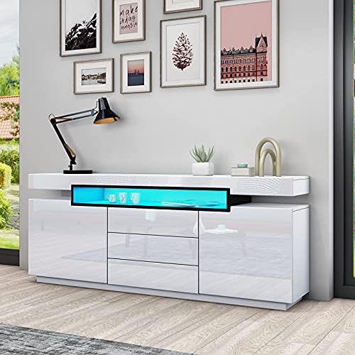 AWOOOD White Sideboard Cabinet Cupboard Matt Body & High Gloss TV Stand Unit LED Light with 2 Doors 3 Drawers 160cm for Living Room Dining Room