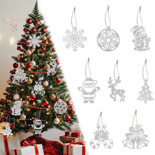 40uds Adornos Colgantes para Árbol Navidad, 8 Patrones Adornos Navideños con Purpurina Papá Noel Árbol Navidad Copos Nieve Alce Decoraciones para Fiestas Temáticas Navideñas Invierno