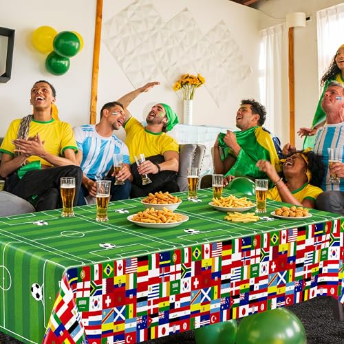 Image of 3 Pcs Soccer Tablecloths Plastic, Disposable Soccer Rectangle Table Cover 54 X 108 Inch, 2026 International World Flags Green Tableware Set Birthday Party Decorations for Sports Theme Party Supplies