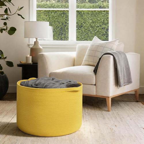 Image of MEGASKET Extra Large 115L Yellow Basket, 23.6 inch x15.7 Cotton Rope Yellow Decor for Living Room Bedroom, Woven Basket for Blanket, Laundry, Towel, Shoe, Kids Toy Box Organizer, Room Decor Storage Bin
