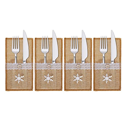 Bestecktasche Weihnachtsdeko Sale Tischdeko Besteckhalter von CONTRACONTACT, Bestecktaschen 4er Set Weiß Jute mit Spitze als Deko Weihnachten zur Tischdecke Cover