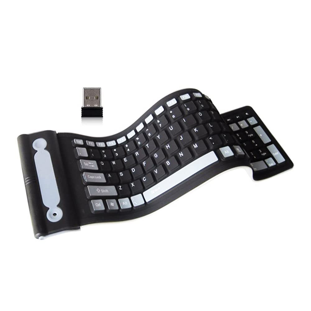IRISFLY 2.4Ghz Wireless Waterproof Dustproof Portable Silicone Flexible Folding Roll Up Soft Rubber Keyboard 107-Key Folding Silicone Keyboard, Black