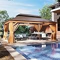 Aoxun Hardtop Gazebo, 12 x 16ft Wooden Finish Coated Aluminum Frame Canopy, Galvanized Steel Double Top, Outdoor Permanent Metal Pavilion with Curtains and Netting, for Backyard, Patio and Deck